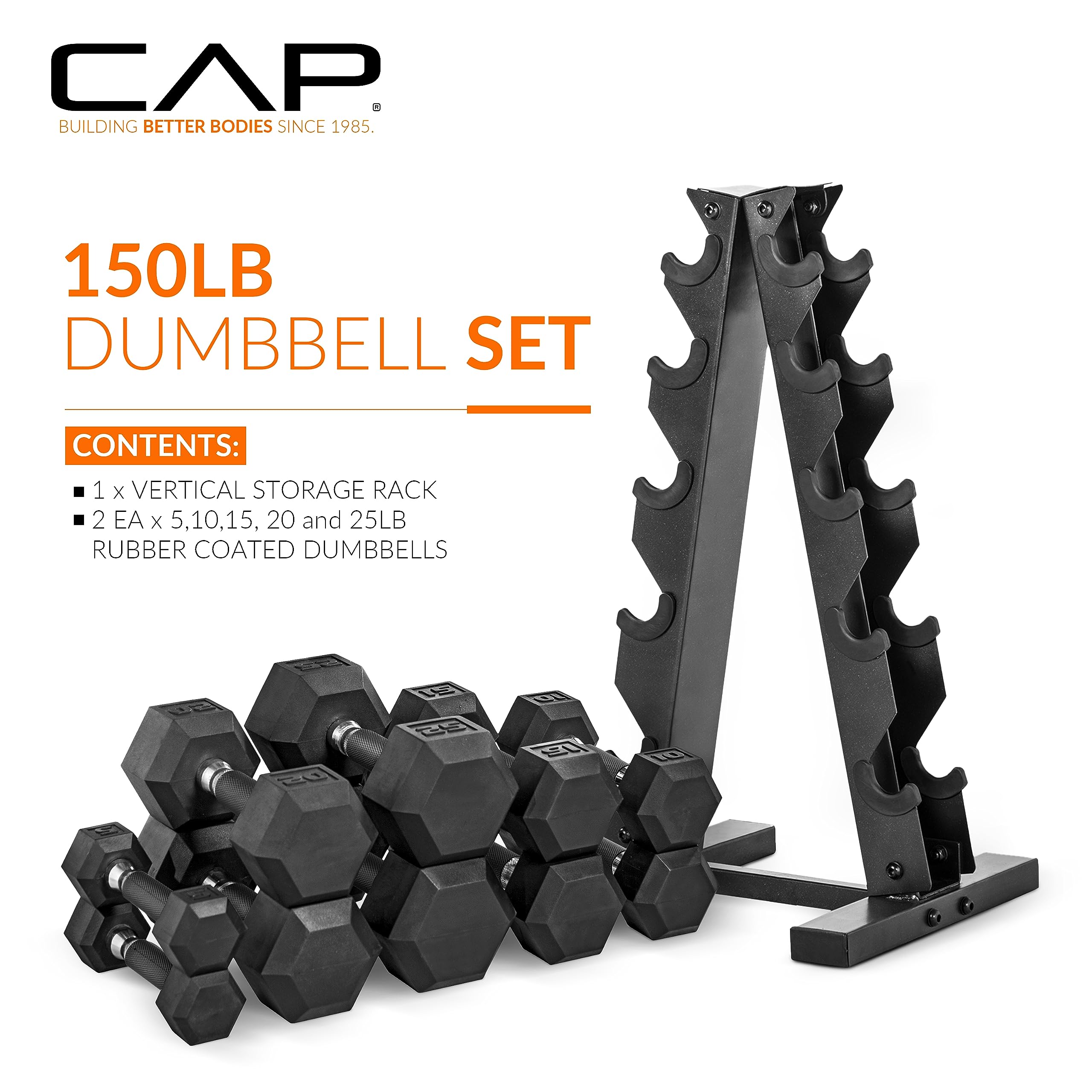 CAP Barbell Rubber Coated Dumbbell Weight Set with Vertical Rack | 100 lb, 150 lb, and 210 lb Options