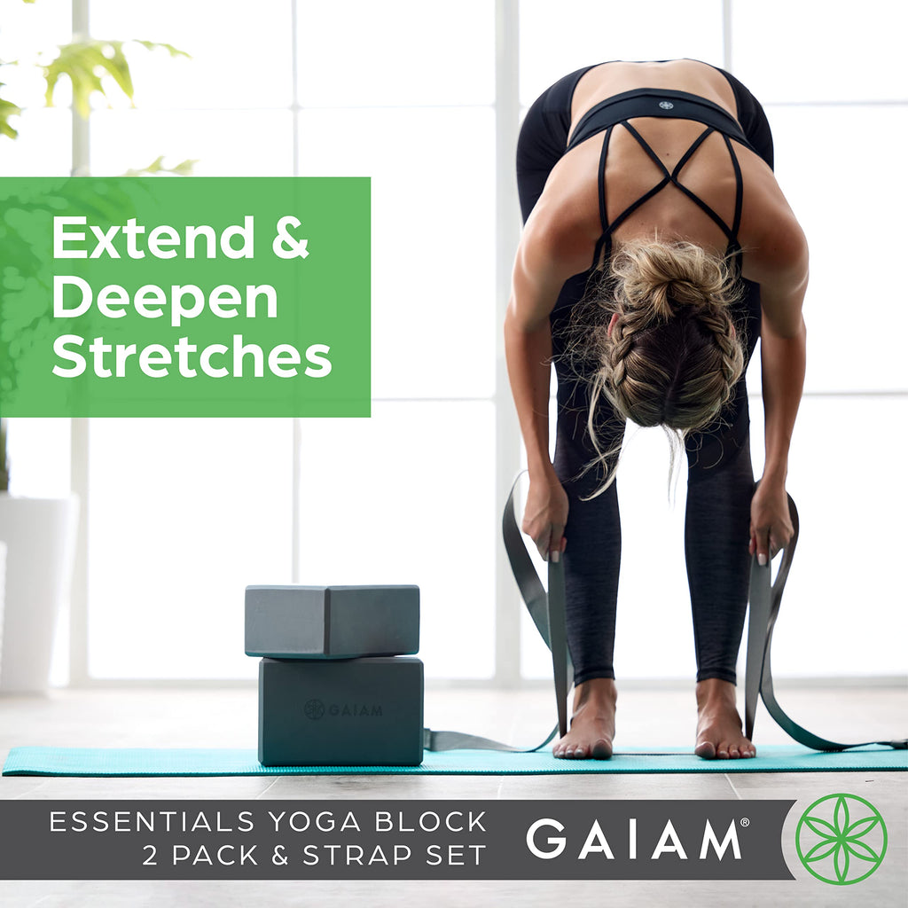 nhance stability, balance, and flexibility with the Gaiam Yoga Block & Strap Combo – durable, non-slip foam block and cotton strap help deepen stretches and safely modify poses for all skill levels.