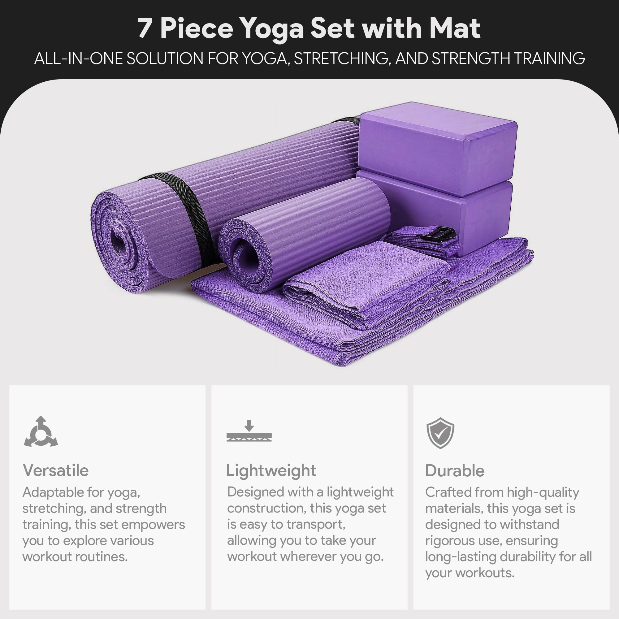 Master your yoga practice anywhere with the BalanceFrom 7-Piece Yoga Set – extra-thick mat, blocks, strap, towels, and knee pad for comfort, stability, and complete support at home or on-the-go.