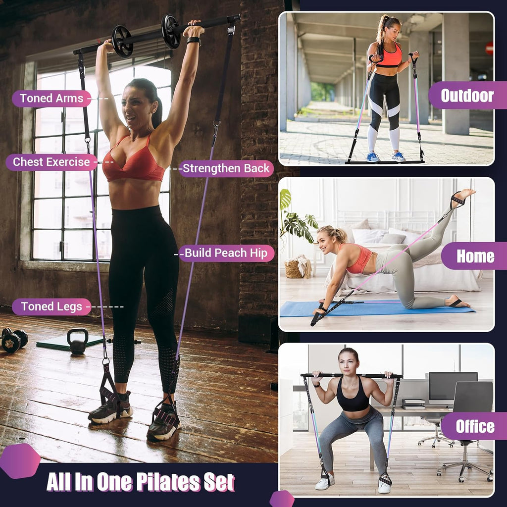 Tone your entire body anywhere with this multifunctional Pilates Bar Kit—complete with resistance bands and ab roller for sculpting, strengthening, and weight-loss workouts at home or on the go.