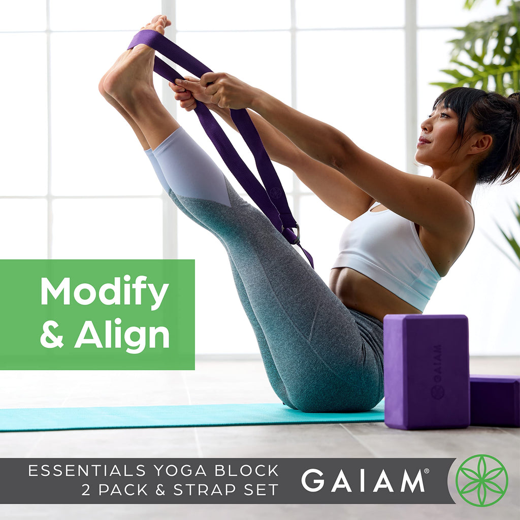 nhance stability, balance, and flexibility with the Gaiam Yoga Block & Strap Combo – durable, non-slip foam block and cotton strap help deepen stretches and safely modify poses for all skill levels.