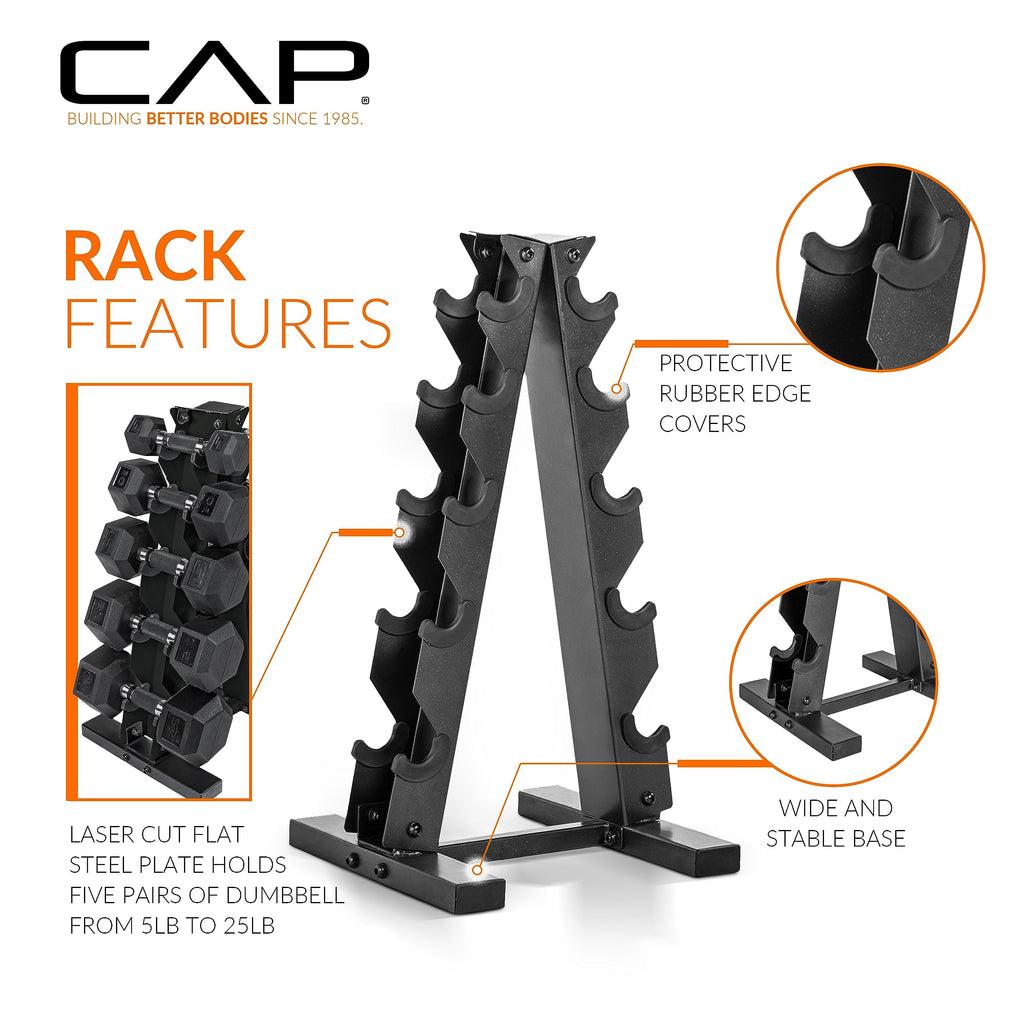 CAP Barbell Rubber Coated Dumbbell Weight Set with Vertical Rack | 100 lb, 150 lb, and 210 lb Options
