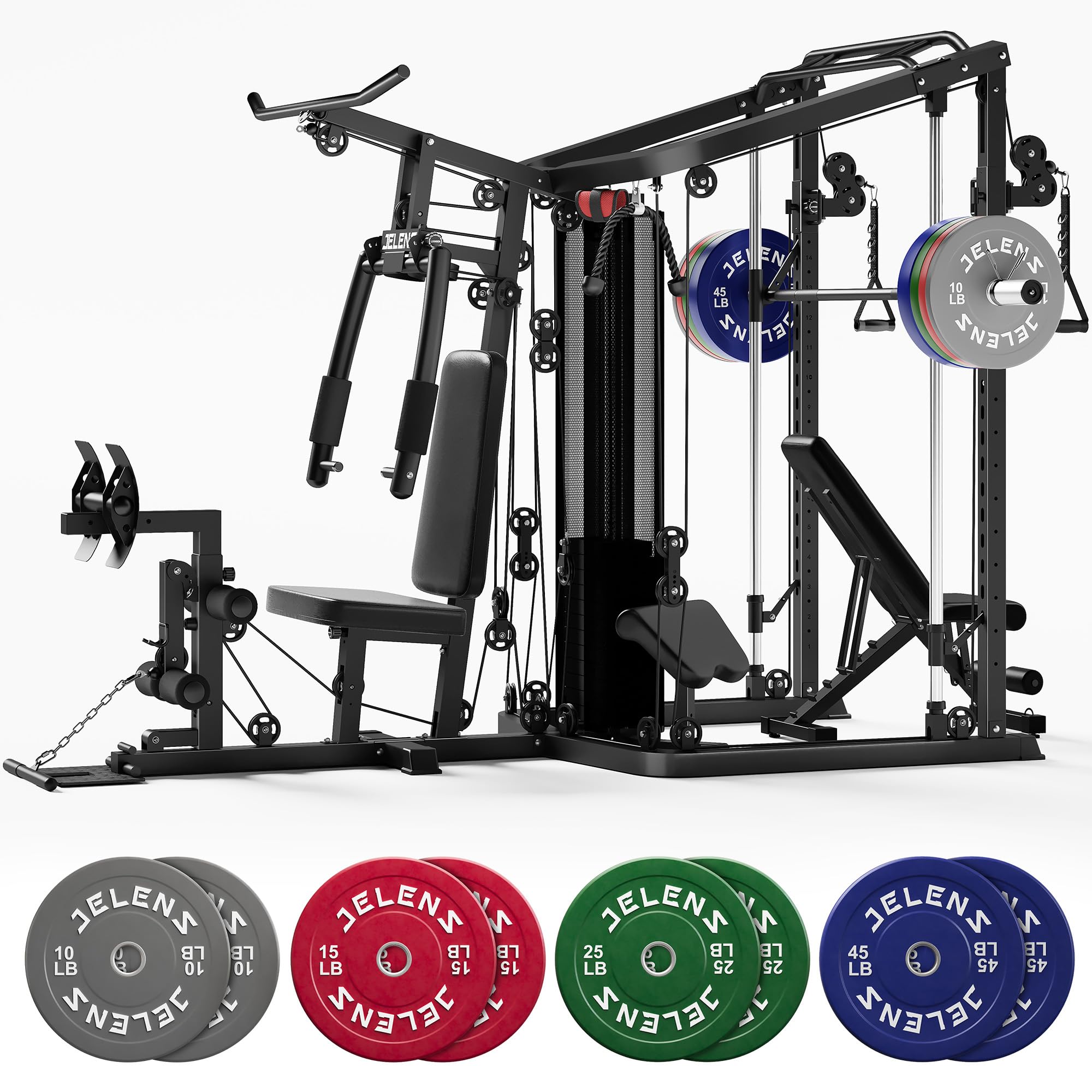 Home Gym System Workout Station, Multifunction Smith Machine with 150LB Weight Stack, Leg Press, LAT Station for Full Body Strength Training