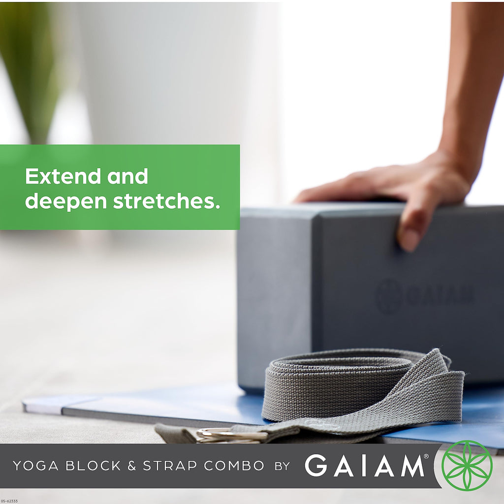 nhance stability, balance, and flexibility with the Gaiam Yoga Block & Strap Combo – durable, non-slip foam block and cotton strap help deepen stretches and safely modify poses for all skill levels.