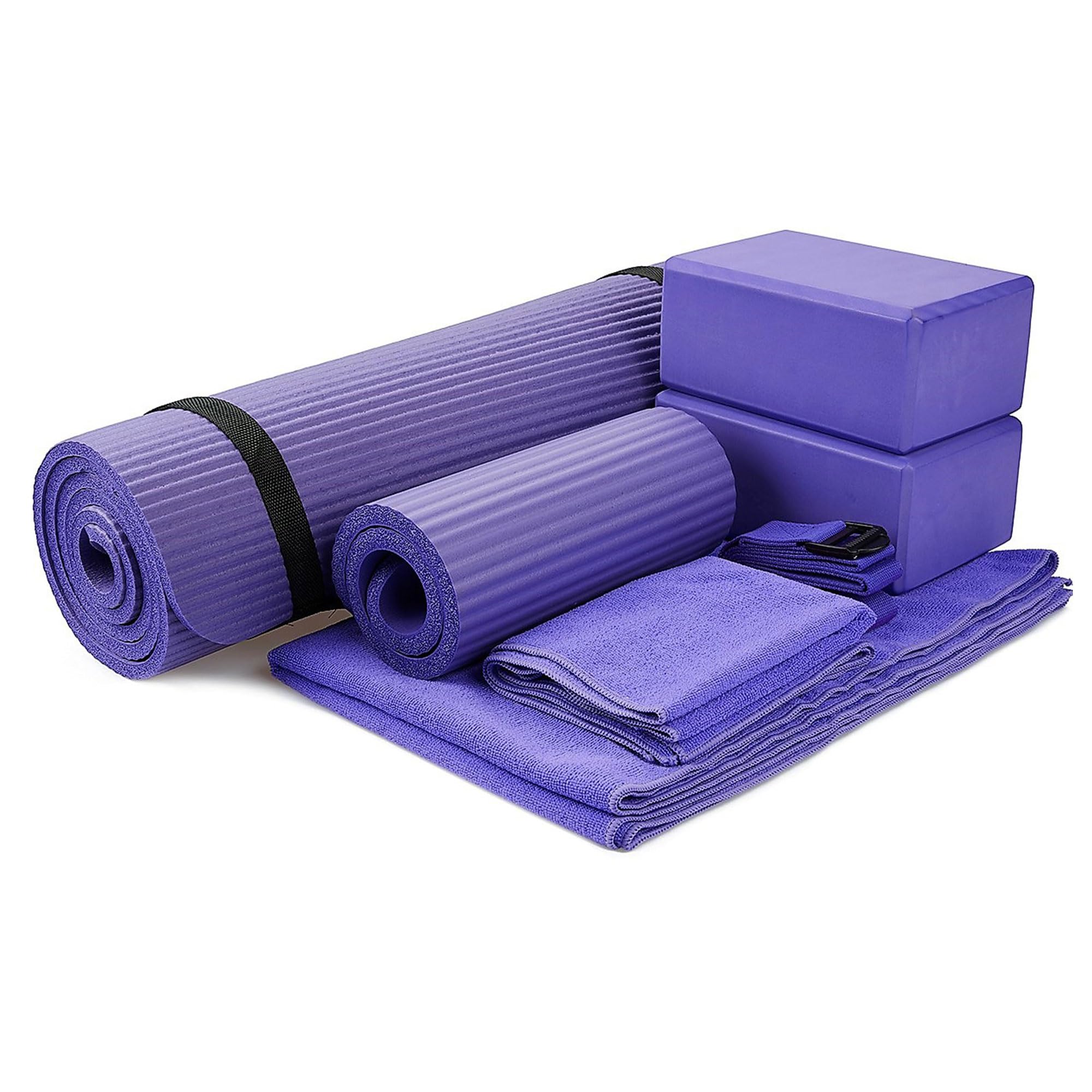 Master your yoga practice anywhere with the BalanceFrom 7-Piece Yoga Set – extra-thick mat, blocks, strap, towels, and knee pad for comfort, stability, and complete support at home or on-the-go.