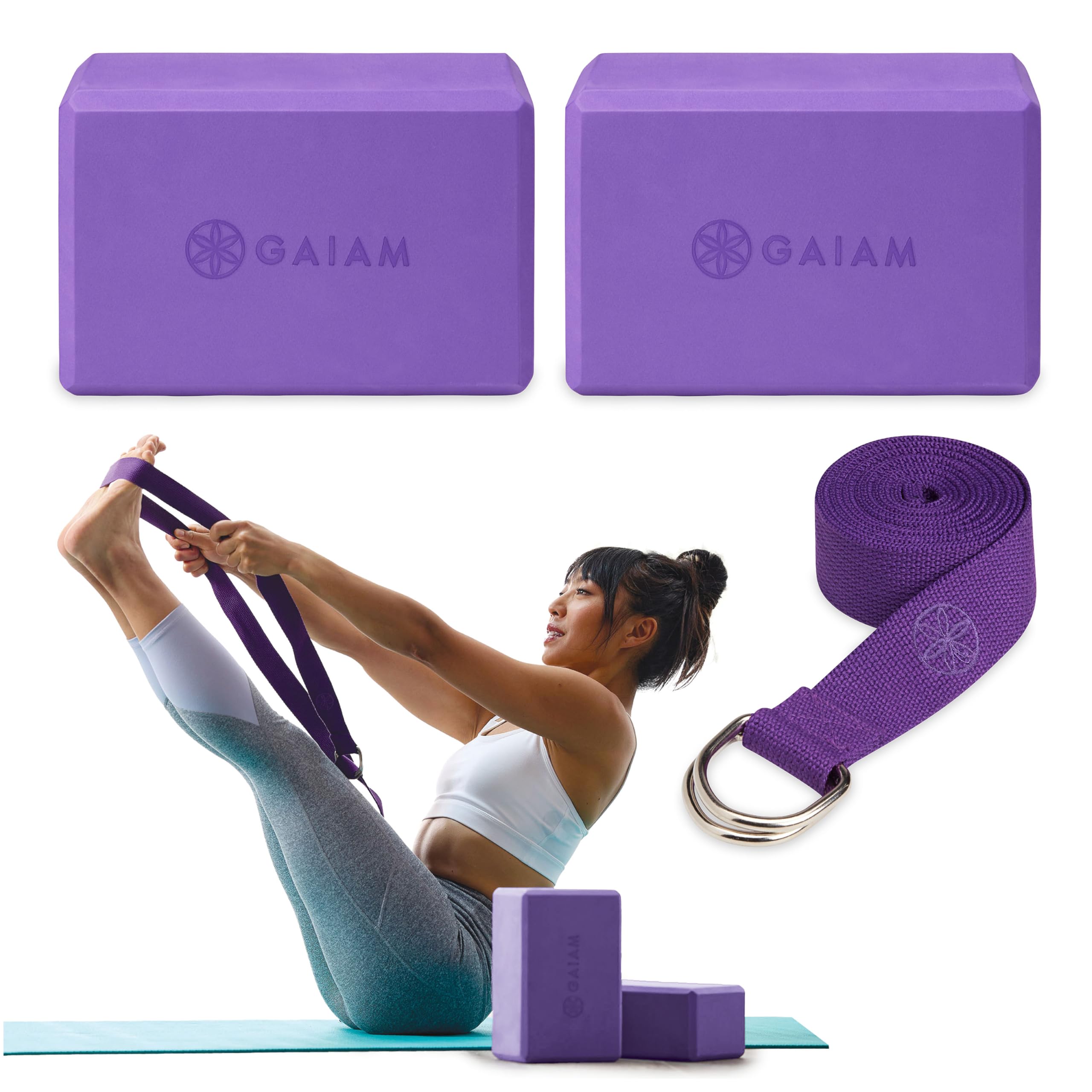 nhance stability, balance, and flexibility with the Gaiam Yoga Block & Strap Combo – durable, non-slip foam block and cotton strap help deepen stretches and safely modify poses for all skill levels.