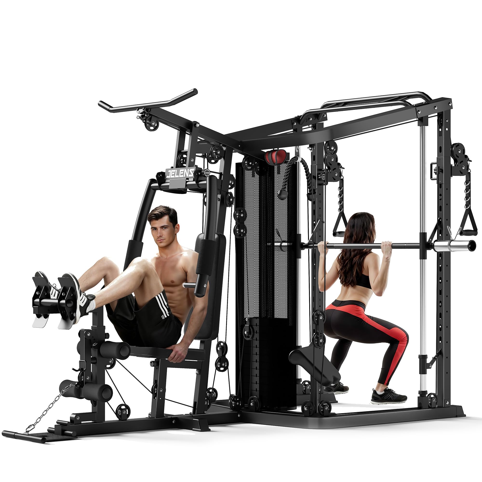 Home Gym System Workout Station, Multifunction Smith Machine with 150LB Weight Stack, Leg Press, LAT Station for Full Body Strength Training