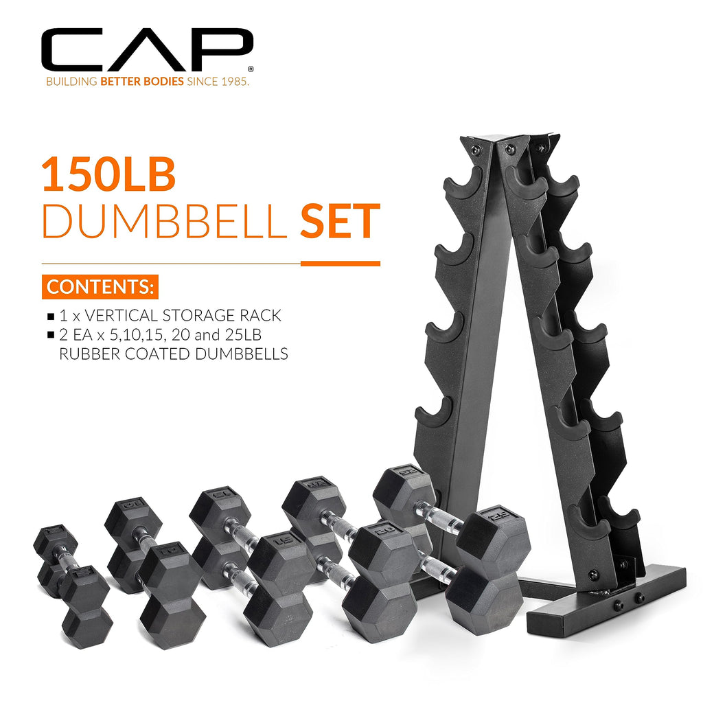 CAP Barbell Rubber Coated Dumbbell Weight Set with Vertical Rack | 100 lb, 150 lb, and 210 lb Options
