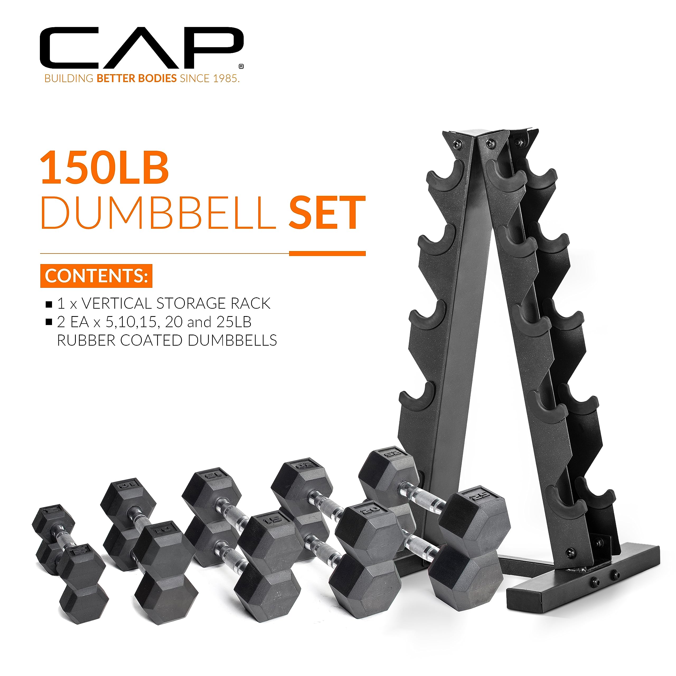 CAP Barbell Rubber Coated Dumbbell Weight Set with Vertical Rack | 100 lb, 150 lb, and 210 lb Options