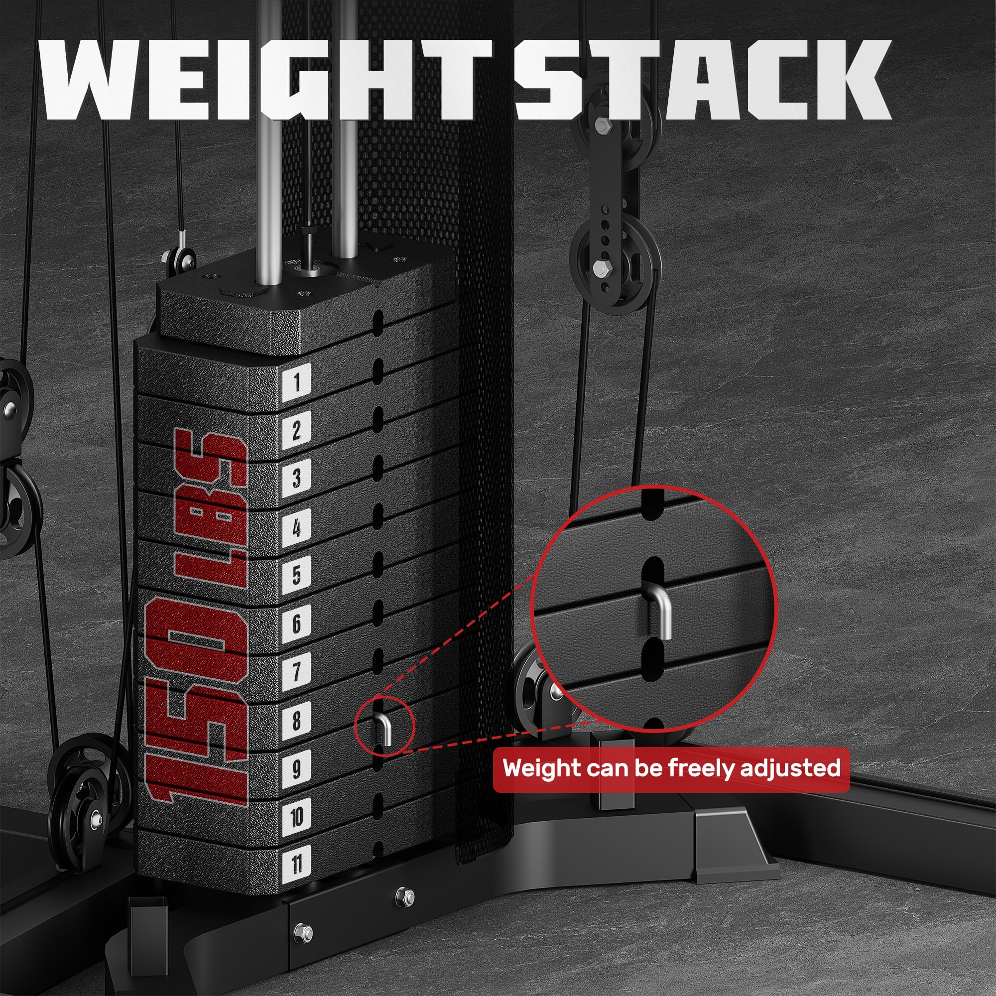 Home Gym System Workout Station, Multifunction Smith Machine with 150LB Weight Stack, Leg Press, LAT Station for Full Body Strength Training